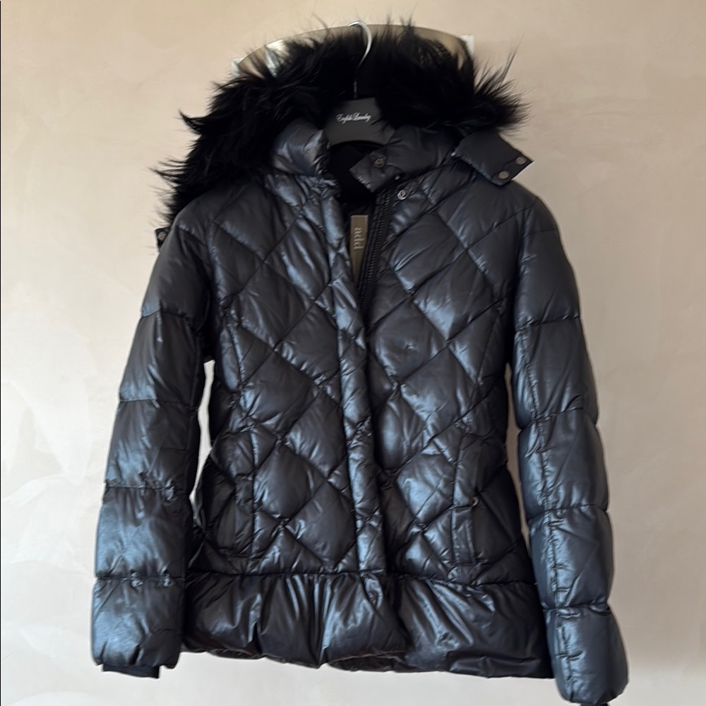 Add Down Black Puffer Jacket with Faux Fur Trim